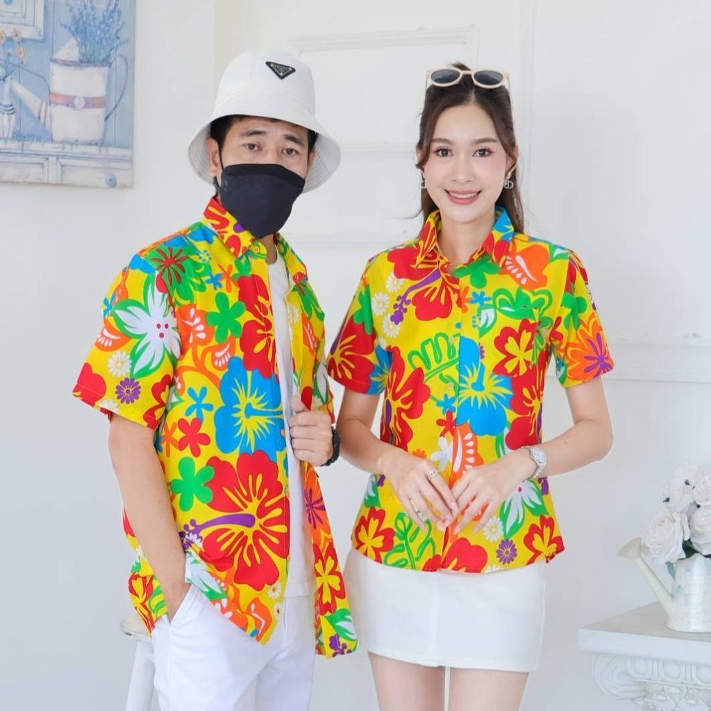 KING021เสื้อเชิ้ตลายยิ้ม  ผ้าคอตตอน100% สีไม่ตก ผ้าไม่หด ลายคมชัด มีไซส์หญิงชาย งานป้ายKTIERออกแบบเอง*1ตัว*