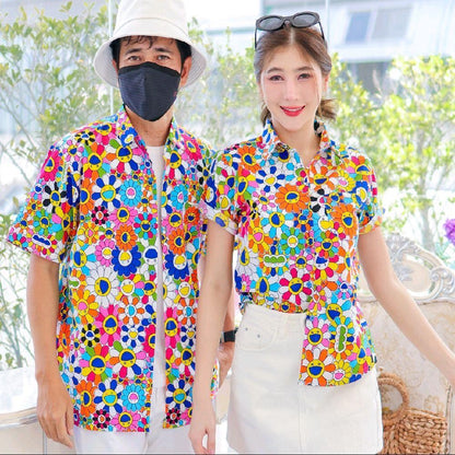 PINK034เสื้อเชิ้ตลายยิ้ม ผ้าคอตตอน100% สีไม่ตก ผ้าไม่หด ลายคมชัด มีไซส์หญิงชาย งานป้ายKTIERออกแบบเอง*1ตัว*