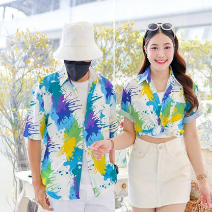 PINK3138 เสื้อฮาวายลายใหม่2025 สาดสี ทรงวัยรุ่น หญิงชายใส่ได้ ผ้าโพลีพรีเมี่ยม ไซส์38-56นิ้ว **1ตัว*