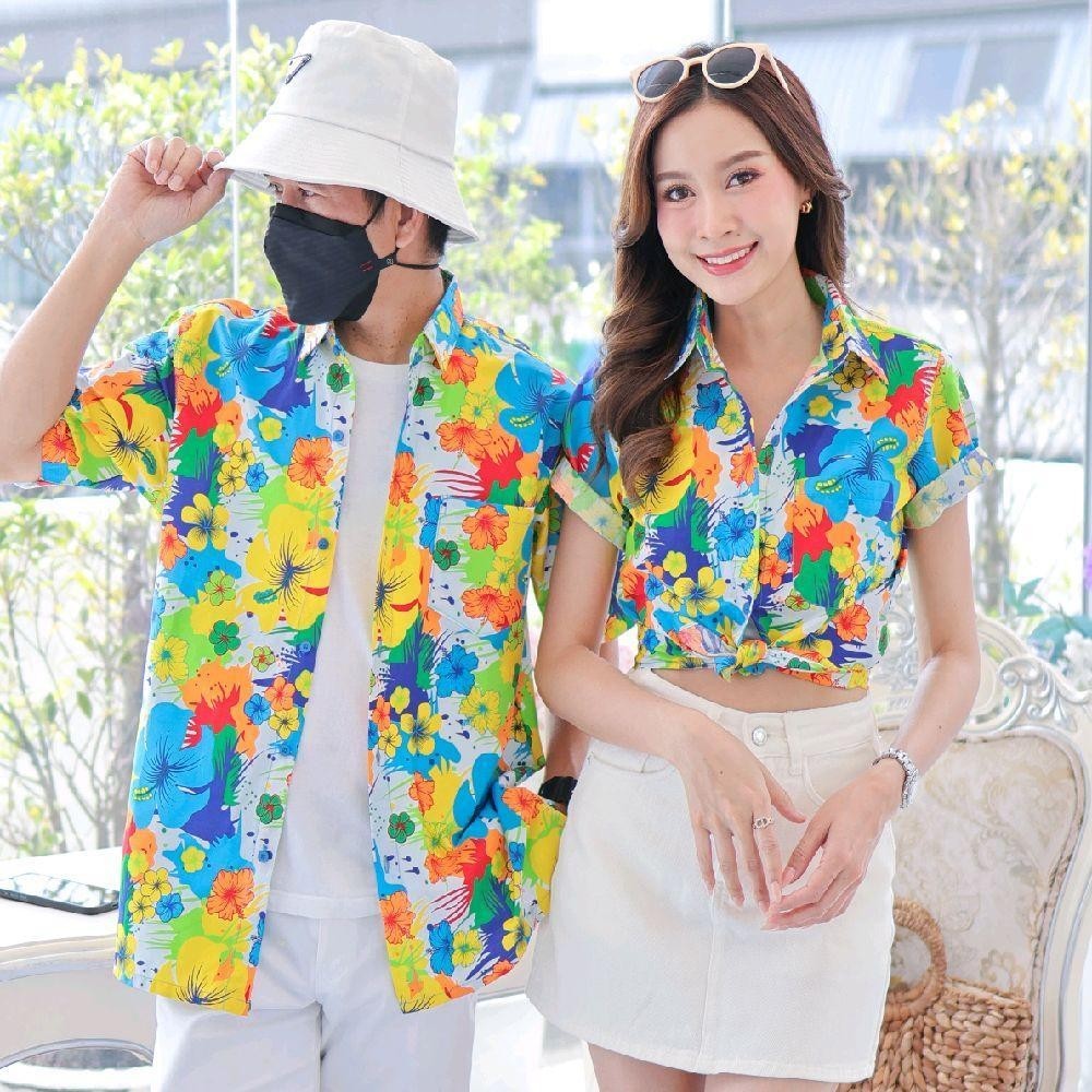 040เสื้อเชิ้ตลายดอก ผ้าคอตตอน100% สีไม่ตก ผ้าไม่หด ลายคมชัด มีไซส์หญิงชาย งานป้ายKTIERออกแบบเอง*1ตัว*