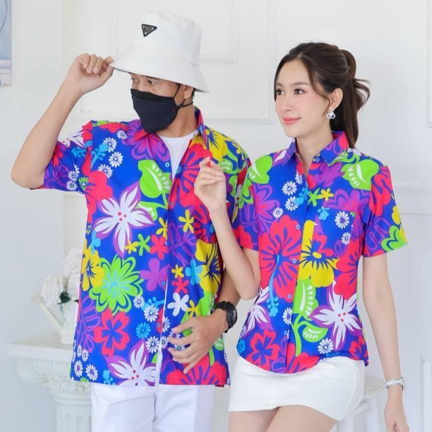 KING021เสื้อเชิ้ตลายยิ้ม  ผ้าคอตตอน100% สีไม่ตก ผ้าไม่หด ลายคมชัด มีไซส์หญิงชาย งานป้ายKTIERออกแบบเอง*1ตัว*