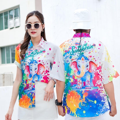 เสื้อฮาวายลายใหม่2025เวอร์ชั่นใหม่ สาดสีSongkran ทรงวัยรุ่น หญิงชายใส่ได้ ผ้าโพลีพรีเมี่ยม ไซส์เด็ก-ผู้ใหงานปัาย *1ตัว*
