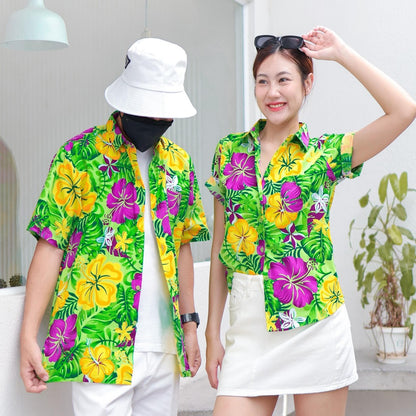 PINK029 เสื้อเชิ้ตลายดอก ผ้าคอตตอน100% สีไม่ตก ผ้าไม่หด ลายคมชัด มีไซส์หญิงชาย งานป้ายKTIERออกแบบเอง*1ตัว*