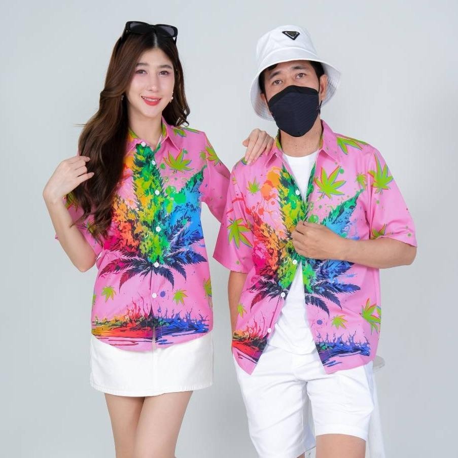 PINK3134 เสื้อฮาวายลายใหม่2025 ทรงวัยรุ่น หญิงชายใส่ได้ ผ้าโพลีพรีเมี่ยม ไซส์S-8XL งานปัาย ลายคมชัด  **1ตัว**