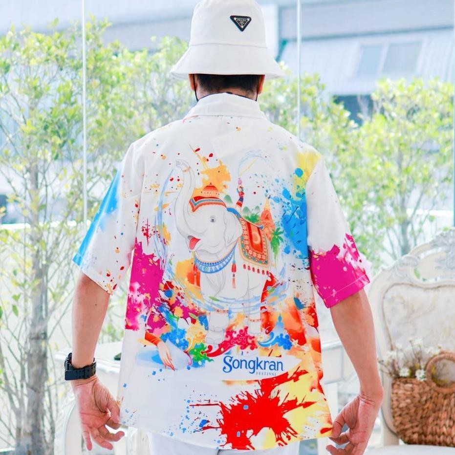 PINK3117เสื้อฮาวายลายช้างSongkran ไซส์เด็ก-ผู้ใหญ่8XL ครบทีม ผ้าโพลีพลีเมี่ยม ทรงวัยรุ่น หญิงชายใส่ได้ ลายคมชัด **1ตัว**