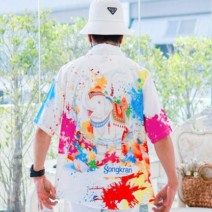 PINK3117เสื้อฮาวายลายช้างSongkran ไซส์เด็ก-ผู้ใหญ่8XL ครบทีม ผ้าโพลีพลีเมี่ยม ทรงวัยรุ่น หญิงชายใส่ได้ ลายคมชัด **1ตัว**