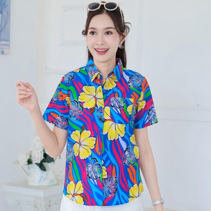 PINK031เสื้อเชิ้ตลายดอก ผ้าคอตตอน100% สีไม่ตก ผ้าไม่หดทลายคมชัด มีไซส์หญิงชาย34-56นิ้ว งานป้ายKTIER**1ตัว