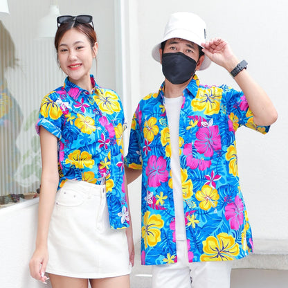 PINK029 เสื้อเชิ้ตลายดอก ผ้าคอตตอน100% สีไม่ตก ผ้าไม่หด ลายคมชัด มีไซส์หญิงชาย งานป้ายKTIERออกแบบเอง*1ตัว*