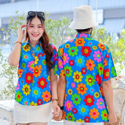 PINK036เสื้อเชิ้ตลายยิ้ม  ผ้าคอตตอน100% สีไม่ตก ผ้าไม่หด ลายคมชัด มีไซส์หญิงชาย งานป้ายKTIERออกแบบเอง*1ตัว*