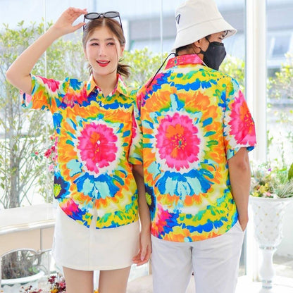PINK3135 เสื้อฮาวายลายใหม่2025 มัดย้อม ทรงวัยรุ่น หญิงชายใส่ได้ ผ้าโพลีพรีเมี่ยม ไซส์เด็ก-ผู้ใหญ่ **1ตัว*