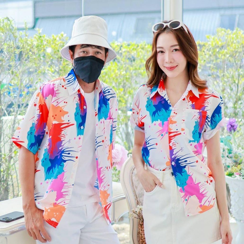PINK3138 เสื้อฮาวายลายใหม่2025 สาดสี ทรงวัยรุ่น หญิงชายใส่ได้ ผ้าโพลีพรีเมี่ยม ไซส์38-56นิ้ว **1ตัว*