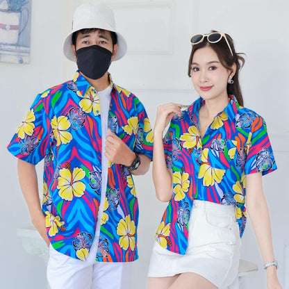 PINK031เสื้อเชิ้ตลายดอก ผ้าคอตตอน100% สีไม่ตก ผ้าไม่หดทลายคมชัด มีไซส์หญิงชาย34-56นิ้ว งานป้ายKTIER**1ตัว