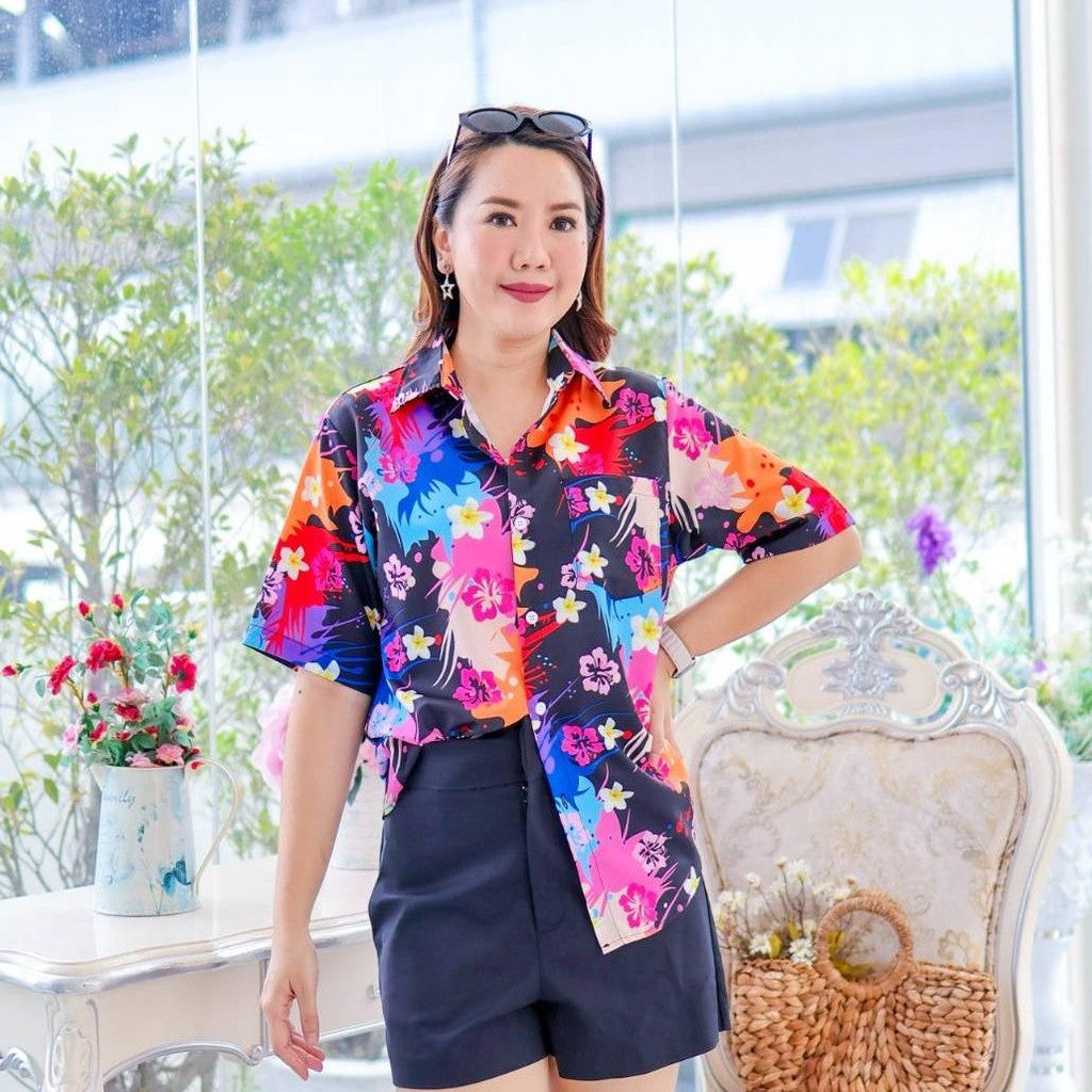 PINK3140 เสื้อทีมฮาวายลายใหม่2025 สาดสีสงกรานต์ลายดอก ทรงวัยรุ่น หญิงชายใส่ได้ ผ้าโพลีพรีเมี่ยม งานปัาย ลายคมชัด *1ตัว*