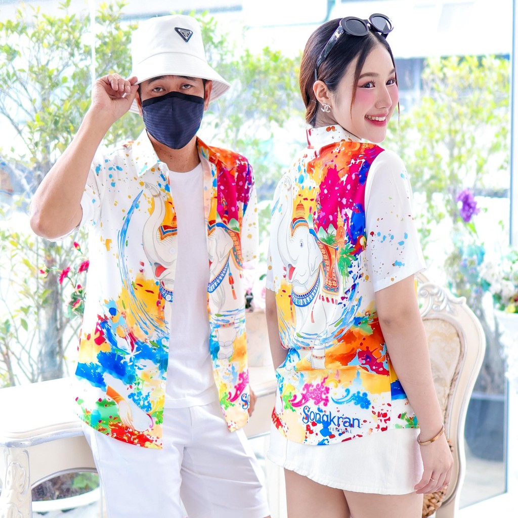 3139 เสื้อทีมฮาวายลายใหม่2025 สาดสีสงกรานต์ลายช้าง ทรงวัยรุ่น หญิงชายใส่ได้ ผ้าโพลีพรีเมี่ยม งานปัาย ลายคมชัด *1ตัว*