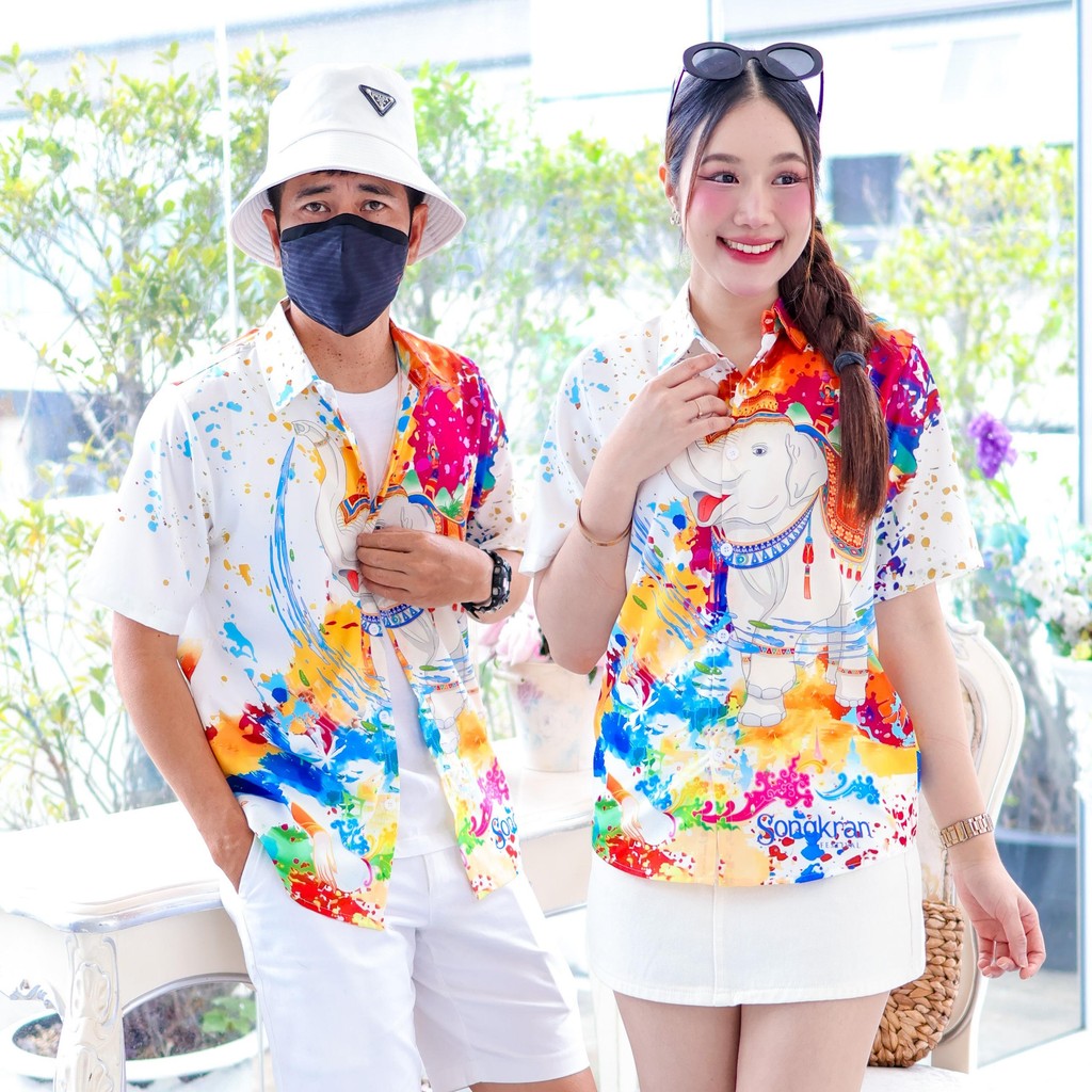 3139 เสื้อทีมฮาวายลายใหม่2025 สาดสีสงกรานต์ลายช้าง ทรงวัยรุ่น หญิงชายใส่ได้ ผ้าโพลีพรีเมี่ยม งานปัาย ลายคมชัด *1ตัว*