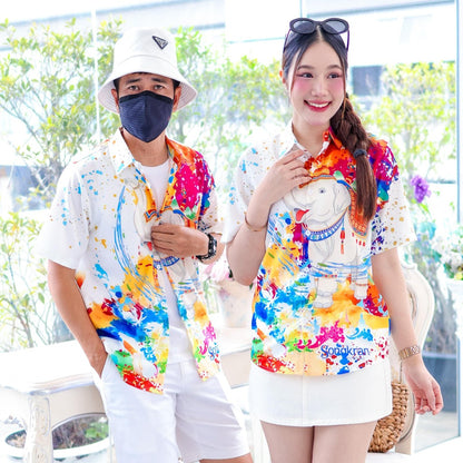 3139 เสื้อทีมฮาวายลายใหม่2025 สาดสีสงกรานต์ลายช้าง ทรงวัยรุ่น หญิงชายใส่ได้ ผ้าโพลีพรีเมี่ยม งานปัาย ลายคมชัด *1ตัว*