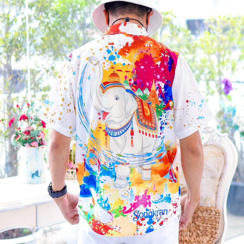 3139 เสื้อทีมฮาวายลายใหม่2025 สาดสีสงกรานต์ลายช้าง ทรงวัยรุ่น หญิงชายใส่ได้ ผ้าโพลีพรีเมี่ยม งานปัาย ลายคมชัด *1ตัว*