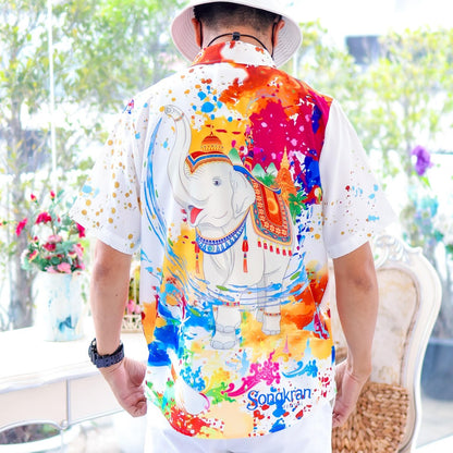 3139 เสื้อทีมฮาวายลายใหม่2025 สาดสีสงกรานต์ลายช้าง ทรงวัยรุ่น หญิงชายใส่ได้ ผ้าโพลีพรีเมี่ยม งานปัาย ลายคมชัด *1ตัว*