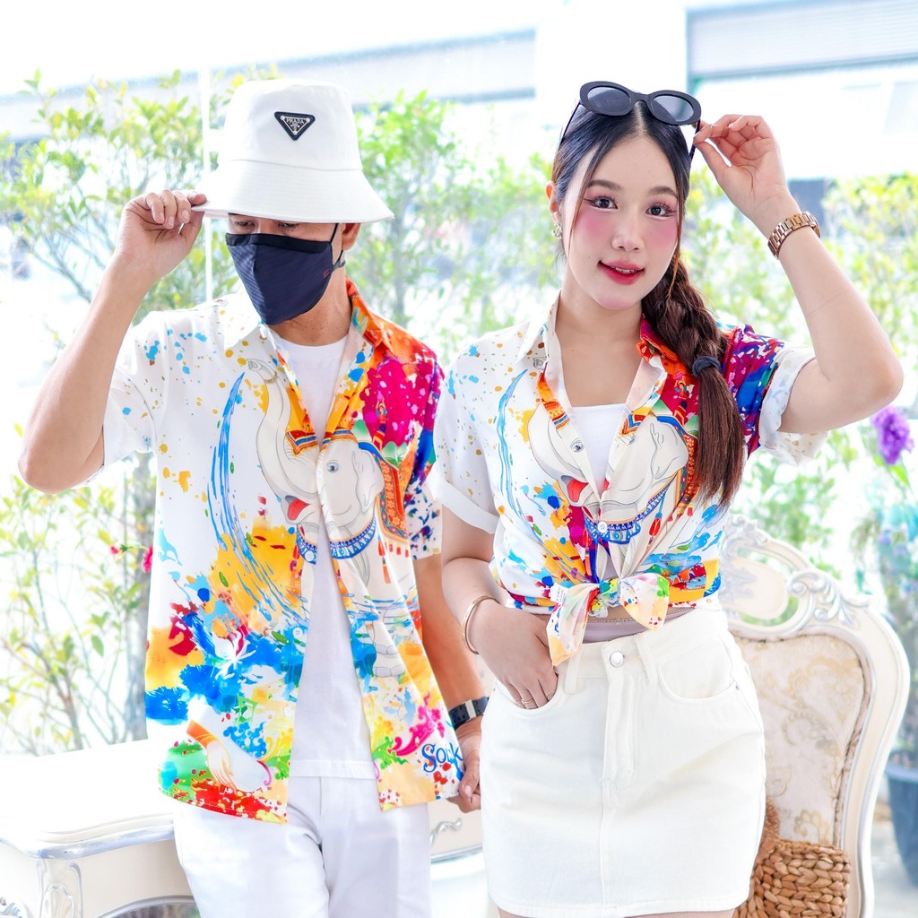 3139 เสื้อทีมฮาวายลายใหม่2025 สาดสีสงกรานต์ลายช้าง ทรงวัยรุ่น หญิงชายใส่ได้ ผ้าโพลีพรีเมี่ยม งานปัาย ลายคมชัด *1ตัว*