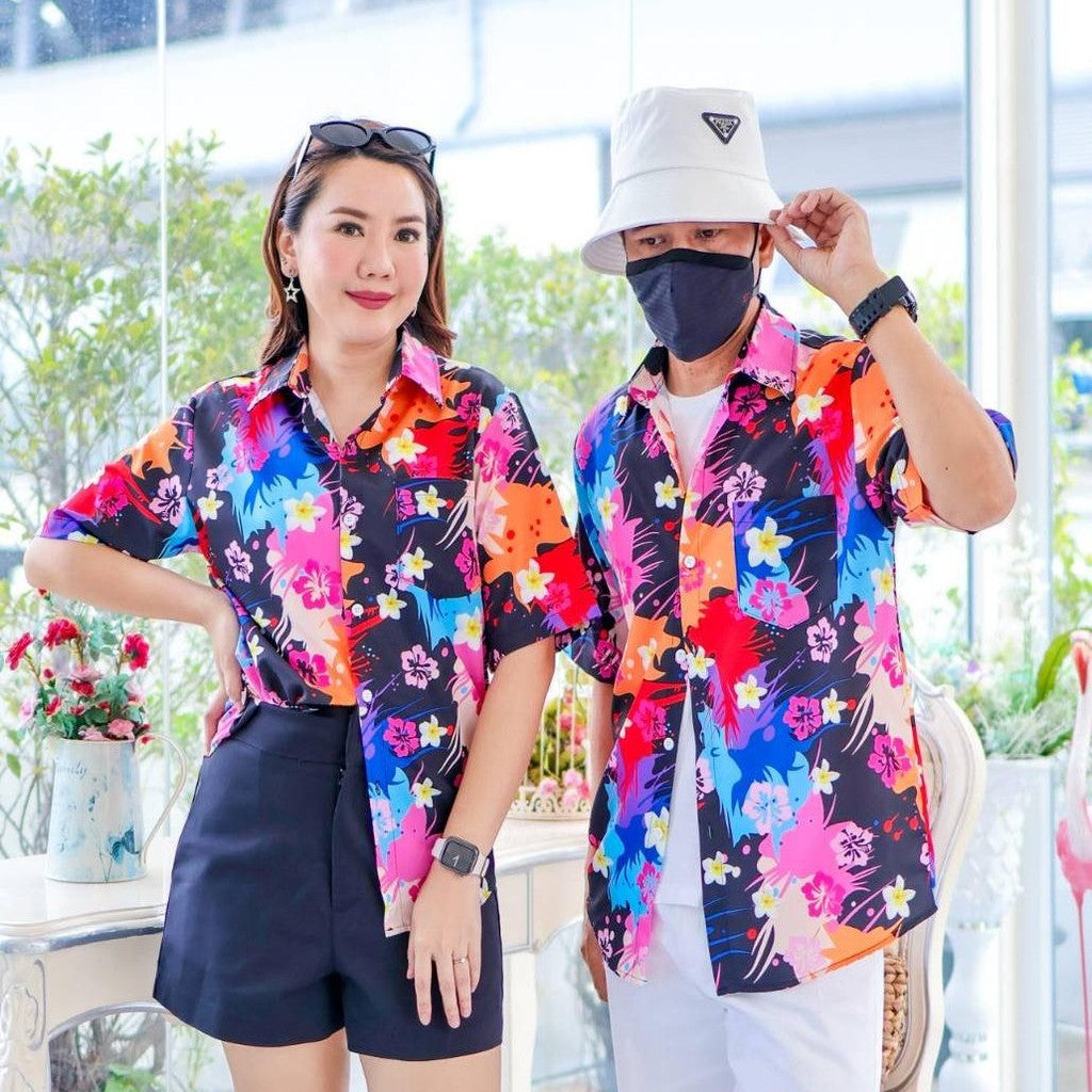 PINK3140 เสื้อทีมฮาวายลายใหม่2025 สาดสีสงกรานต์ลายดอก ทรงวัยรุ่น หญิงชายใส่ได้ ผ้าโพลีพรีเมี่ยม งานปัาย ลายคมชัด *1ตัว*