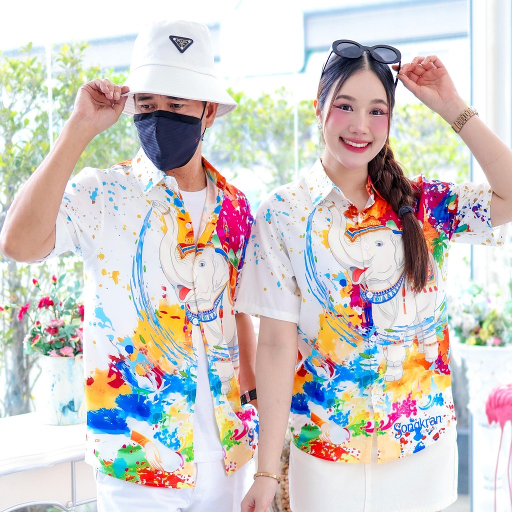 3139 เสื้อทีมฮาวายลายใหม่2025 สาดสีสงกรานต์ลายช้าง ทรงวัยรุ่น หญิงชายใส่ได้ ผ้าโพลีพรีเมี่ยม งานปัาย ลายคมชัด *1ตัว*