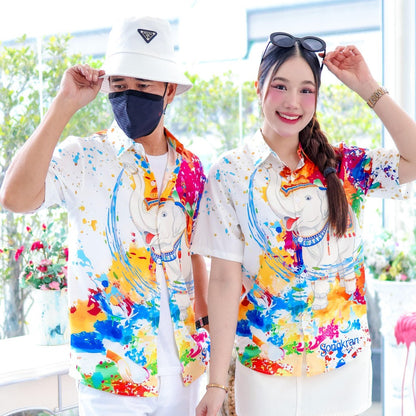 3139 เสื้อทีมฮาวายลายใหม่2025 สาดสีสงกรานต์ลายช้าง ทรงวัยรุ่น หญิงชายใส่ได้ ผ้าโพลีพรีเมี่ยม งานปัาย ลายคมชัด *1ตัว*