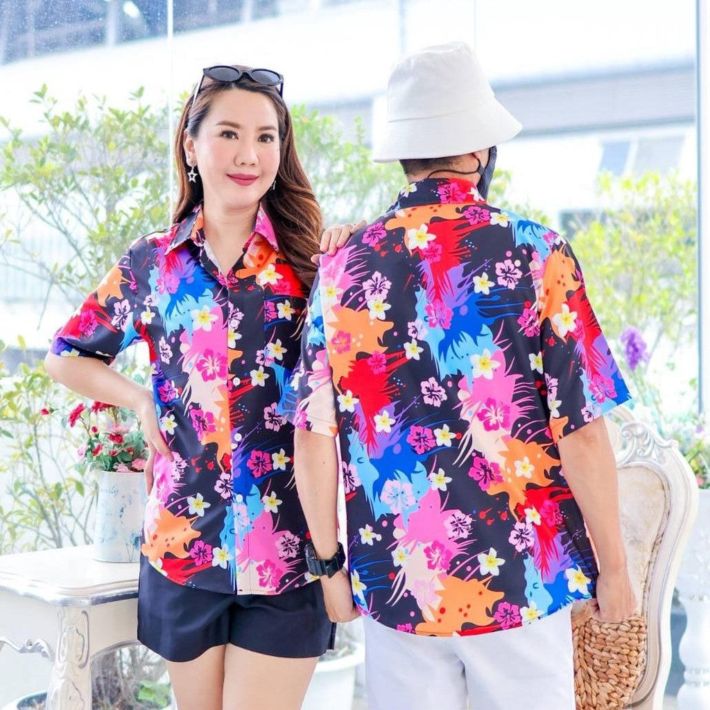 PINK3140 เสื้อทีมฮาวายลายใหม่2025 สาดสีสงกรานต์ลายดอก ทรงวัยรุ่น หญิงชายใส่ได้ ผ้าโพลีพรีเมี่ยม งานปัาย ลายคมชัด *1ตัว*