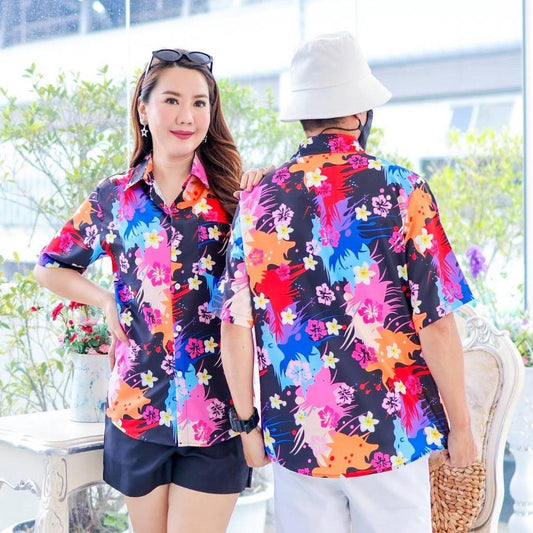 PINK3140 เสื้อทีมฮาวายลายใหม่2025 สาดสีสงกรานต์ลายดอก ทรงวัยรุ่น หญิงชายใส่ได้ ผ้าโพลีพรีเมี่ยม งานปัาย ลายคมชัด *1ตัว*