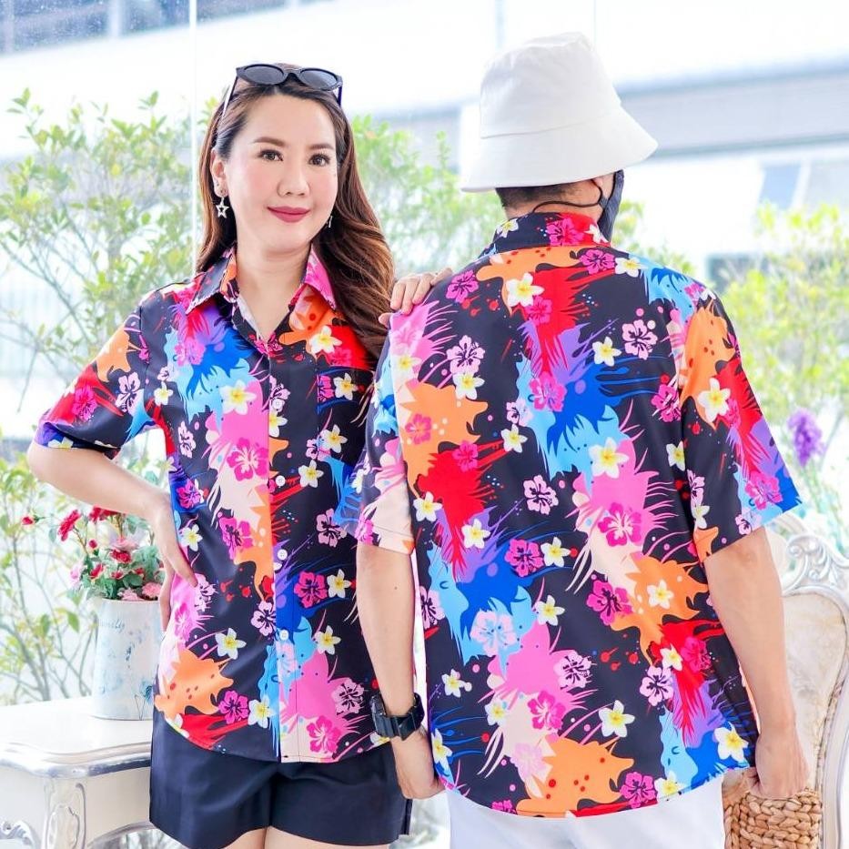 PINK3140 เสื้อทีมฮาวายลายใหม่2025 สาดสีสงกรานต์ลายดอก ทรงวัยรุ่น หญิงชายใส่ได้ ผ้าโพลีพรีเมี่ยม งานปัาย ลายคมชัด *1ตัว*