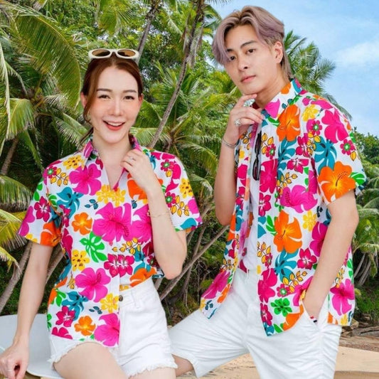 Pinkเสื้อฮาวายลายดอก สีสันสดใส ผ้าโพลีพรีเมี่ยม ไซส์S-8XL 3121