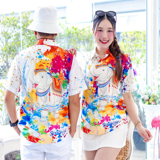 3139 เสื้อทีมฮาวายลายใหม่2025 สาดสีสงกรานต์ลายช้าง ทรงวัยรุ่น หญิงชายใส่ได้ ผ้าโพลีพรีเมี่ยม งานปัาย ลายคมชัด *1ตัว*