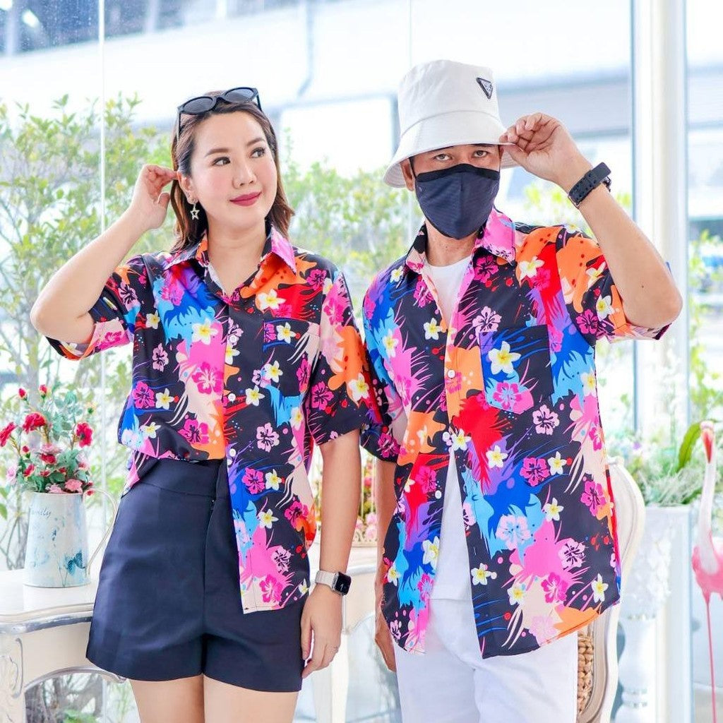PINK3140 เสื้อทีมฮาวายลายใหม่2025 สาดสีสงกรานต์ลายดอก ทรงวัยรุ่น หญิงชายใส่ได้ ผ้าโพลีพรีเมี่ยม งานปัาย ลายคมชัด *1ตัว*