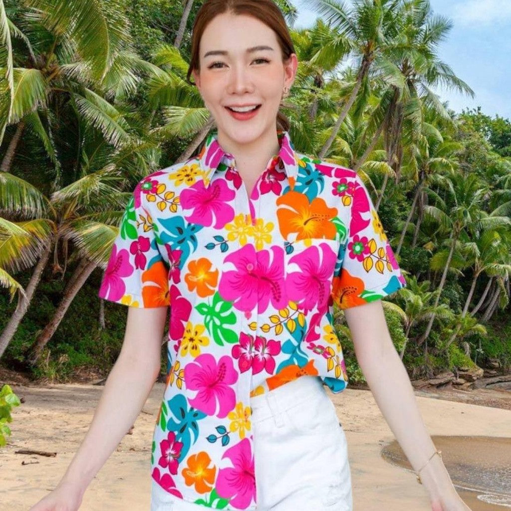 Pinkเสื้อฮาวายลายดอก สีสันสดใส ผ้าโพลีพรีเมี่ยม ไซส์S-8XL 3121