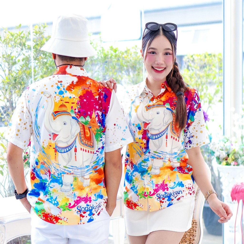 3139 เสื้อทีมฮาวายลายใหม่2025 สาดสีสงกรานต์ลายช้าง ทรงวัยรุ่น หญิงชายใส่ได้ ผ้าโพลีพรีเมี่ยม งานปัาย ลายคมชัด *1ตัว*