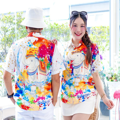 3139 เสื้อทีมฮาวายลายใหม่2025 สาดสีสงกรานต์ลายช้าง ทรงวัยรุ่น หญิงชายใส่ได้ ผ้าโพลีพรีเมี่ยม งานปัาย ลายคมชัด *1ตัว*