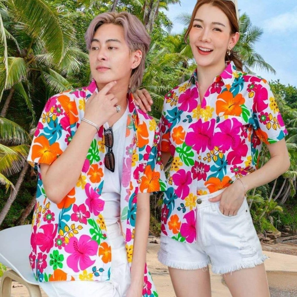 Pinkเสื้อฮาวายลายดอก สีสันสดใส ผ้าโพลีพรีเมี่ยม ไซส์S-8XL 3121