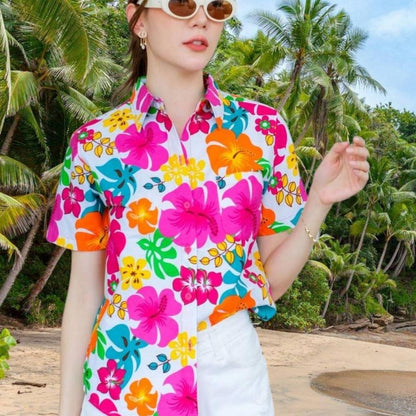 Pinkเสื้อฮาวายลายดอก สีสันสดใส ผ้าโพลีพรีเมี่ยม ไซส์S-8XL 3121