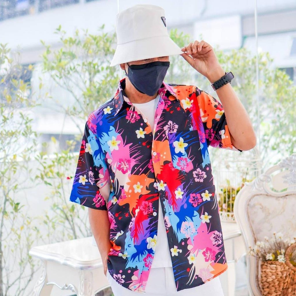 PINK3140 เสื้อทีมฮาวายลายใหม่2025 สาดสีสงกรานต์ลายดอก ทรงวัยรุ่น หญิงชายใส่ได้ ผ้าโพลีพรีเมี่ยม งานปัาย ลายคมชัด *1ตัว*