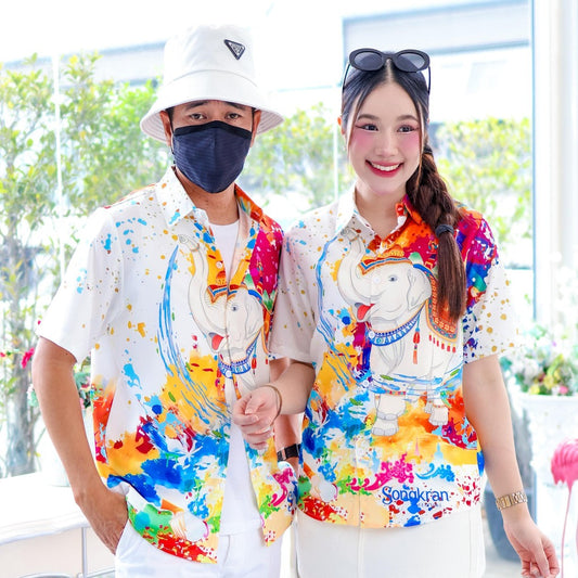 3139 เสื้อทีมฮาวายลายใหม่2025 สาดสีสงกรานต์ลายช้าง ทรงวัยรุ่น หญิงชายใส่ได้ ผ้าโพลีพรีเมี่ยม งานปัาย ลายคมชัด *1ตัว*