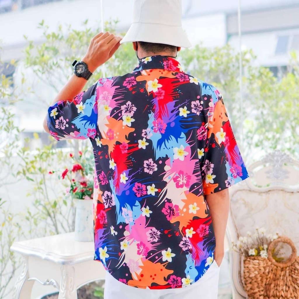 PINK3140 เสื้อทีมฮาวายลายใหม่2025 สาดสีสงกรานต์ลายดอก ทรงวัยรุ่น หญิงชายใส่ได้ ผ้าโพลีพรีเมี่ยม งานปัาย ลายคมชัด *1ตัว*