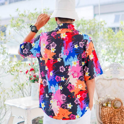 PINK3140 เสื้อทีมฮาวายลายใหม่2025 สาดสีสงกรานต์ลายดอก ทรงวัยรุ่น หญิงชายใส่ได้ ผ้าโพลีพรีเมี่ยม งานปัาย ลายคมชัด *1ตัว*