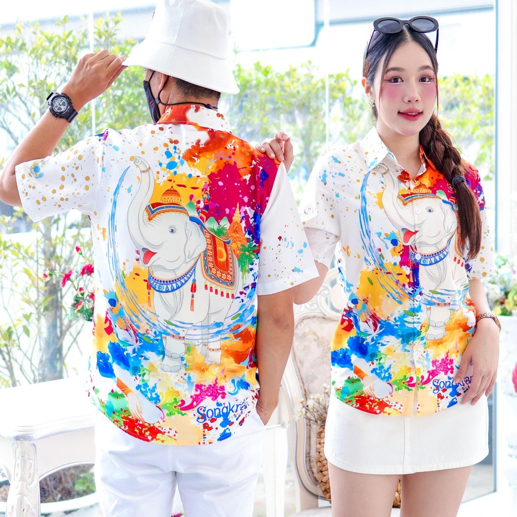 3139 เสื้อทีมฮาวายลายใหม่2025 สาดสีสงกรานต์ลายช้าง ทรงวัยรุ่น หญิงชายใส่ได้ ผ้าโพลีพรีเมี่ยม งานปัาย ลายคมชัด *1ตัว*