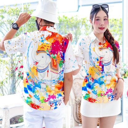 3139 เสื้อทีมฮาวายลายใหม่2025 สาดสีสงกรานต์ลายช้าง ทรงวัยรุ่น หญิงชายใส่ได้ ผ้าโพลีพรีเมี่ยม งานปัาย ลายคมชัด *1ตัว*