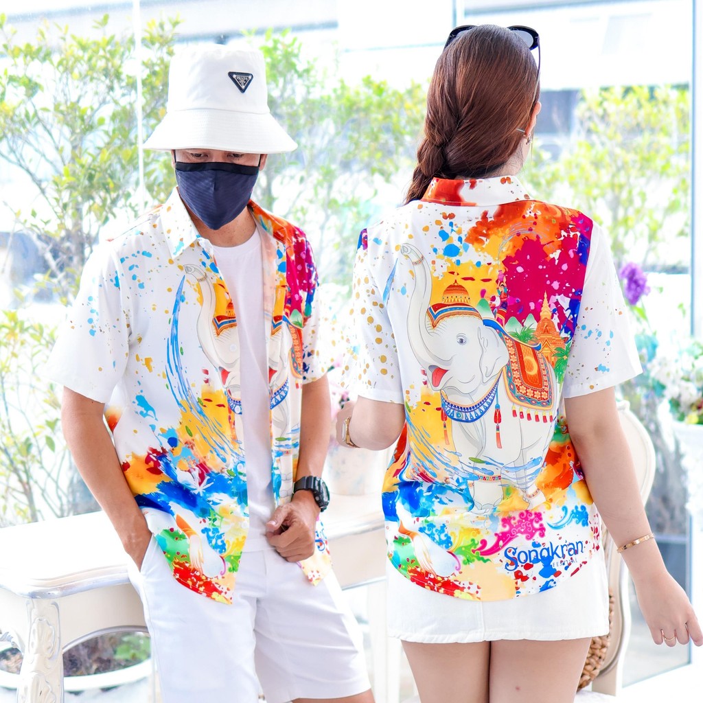 3139 เสื้อทีมฮาวายลายใหม่2025 สาดสีสงกรานต์ลายช้าง ทรงวัยรุ่น หญิงชายใส่ได้ ผ้าโพลีพรีเมี่ยม งานปัาย ลายคมชัด *1ตัว*