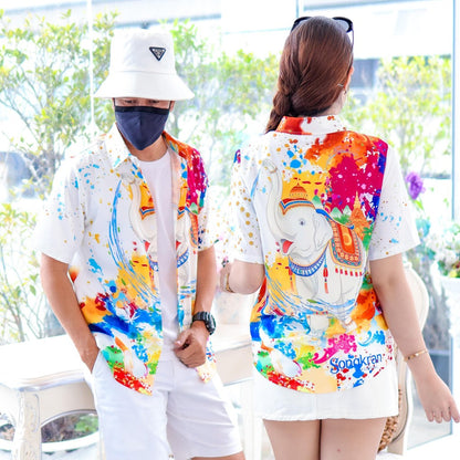3139 เสื้อทีมฮาวายลายใหม่2025 สาดสีสงกรานต์ลายช้าง ทรงวัยรุ่น หญิงชายใส่ได้ ผ้าโพลีพรีเมี่ยม งานปัาย ลายคมชัด *1ตัว*