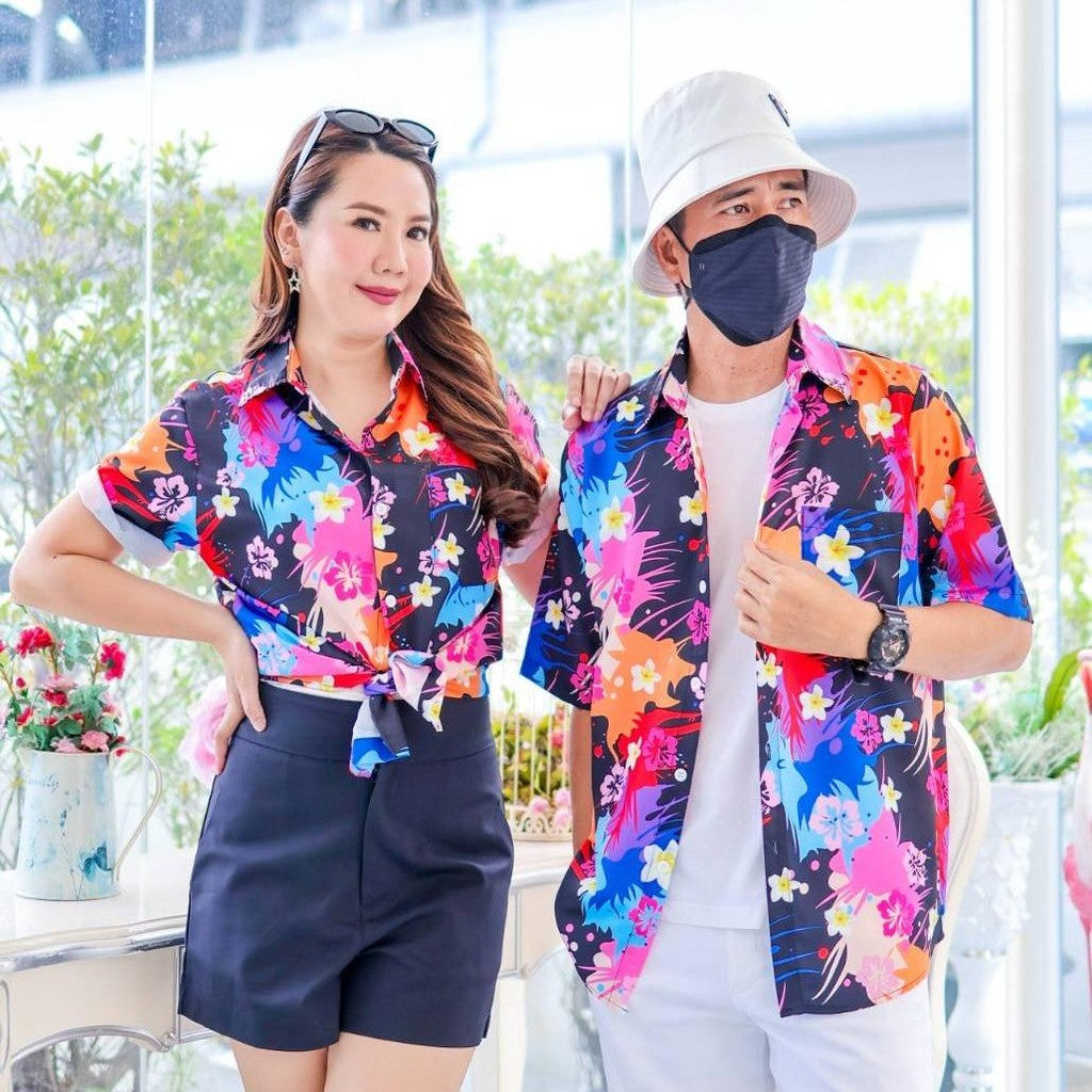 PINK3140 เสื้อทีมฮาวายลายใหม่2025 สาดสีสงกรานต์ลายดอก ทรงวัยรุ่น หญิงชายใส่ได้ ผ้าโพลีพรีเมี่ยม งานปัาย ลายคมชัด *1ตัว*