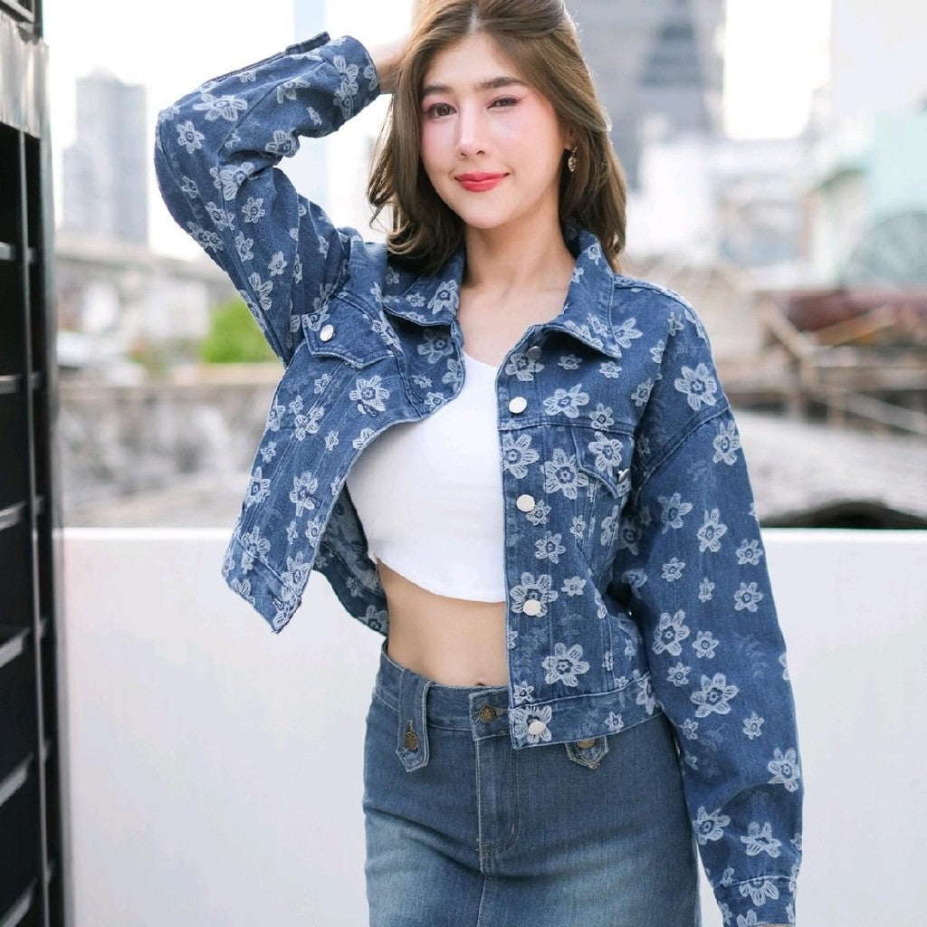 pingแจ็คเก็ตยีนส์แขนยาว ผ้ายีนส์ทอลายดอก รุ่น111