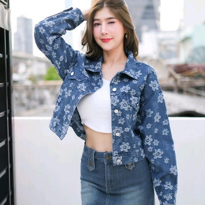 pingแจ็คเก็ตยีนส์แขนยาว ผ้ายีนส์ทอลายดอก รุ่น111