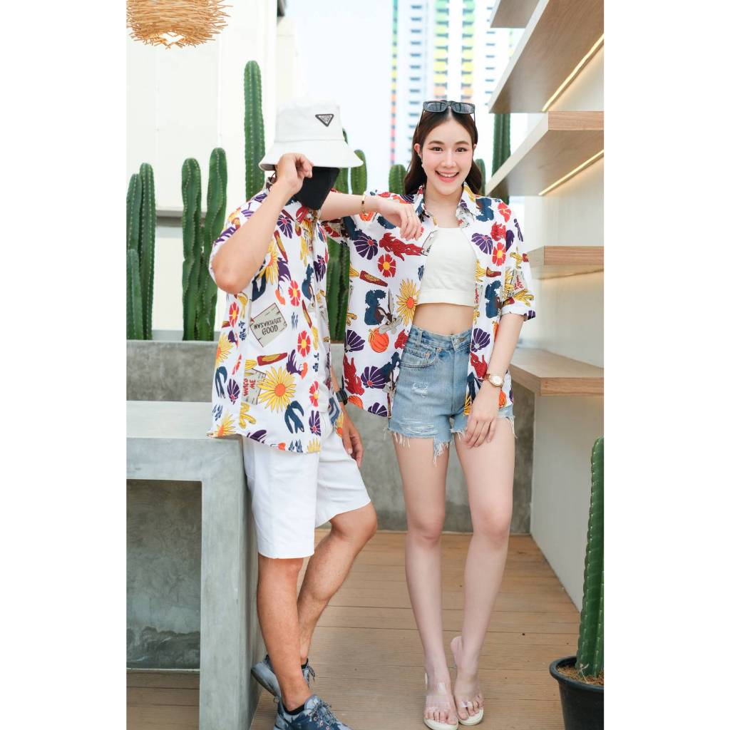เสื้อเชิ้ตลายดอกทรงวัยรุ่นเสื้อฮาวายลายใหม่2023 หญิงชายใส่ได้ ผ้าดีใส่สบาย