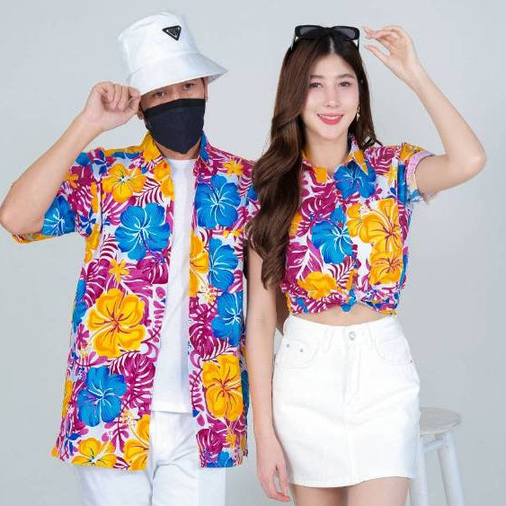 030เสื้อสงกรานต์ลายดอก ผ้าคอตตอน100% สีไม่ตก ผ้าไม่หด